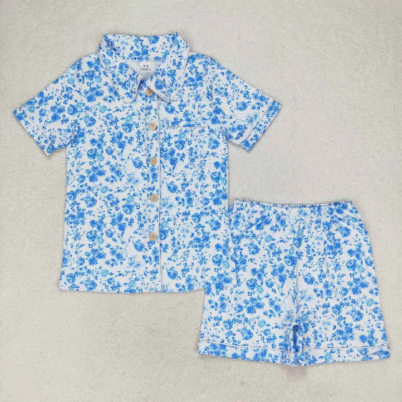 GSSO1148 Adult women's Blue Flower button short sleeve pants pajamas set with pocket Girl summer boutique outfit RTS 202501 Cclassic Men's Tweed