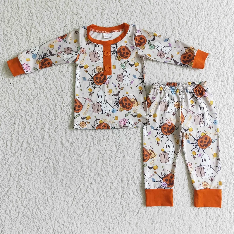 BLP0048 Halloween Pumpkin Ghost Cartoon Orange Boys Long Sleeve Pajamas Masculine Men's 