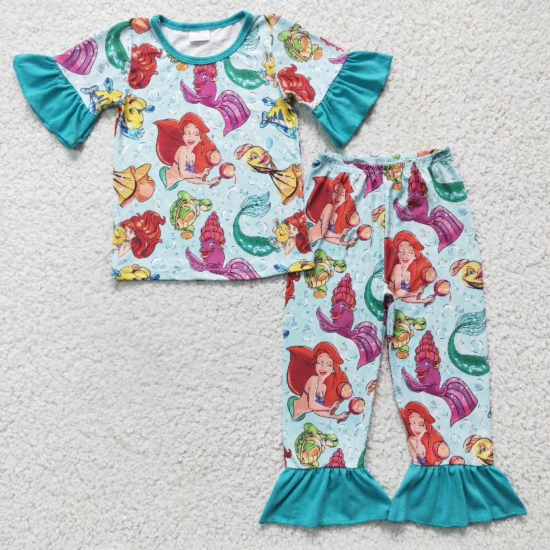 GSPO0315 Mermaid Cartoon Fish Green Blue Girls Short Sleeve Pants Outfits Pajamas Casual Men's Japanese 