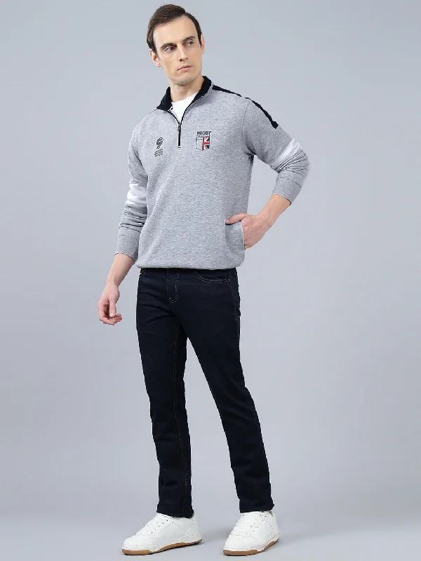 Men's Solid Grey Melange Mock Collar Sweatshirt Traditional Men's Wool