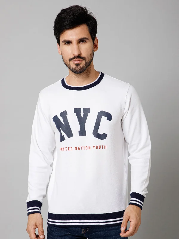 Printed White Full Sleeves Round Neck Regular Fit Casual Sweatshirt For Mens Polished Men's Satin