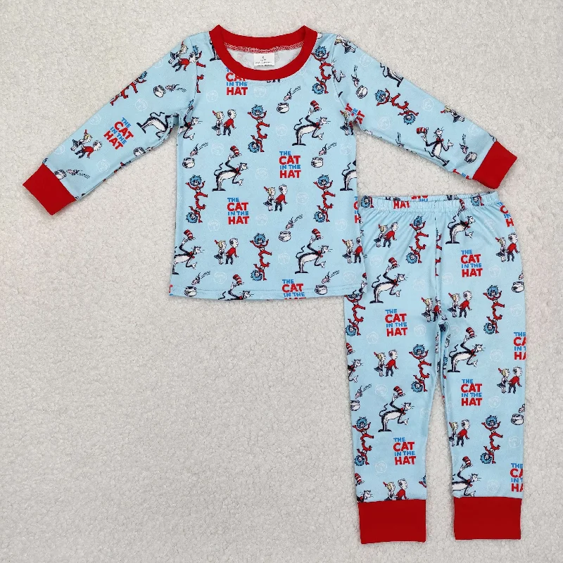 BLP1028 Blue long sleeve top pants outfit with Cartoon Pattern Boy Boutique Pajamas  RTS 202412 Cozy Men's Winter