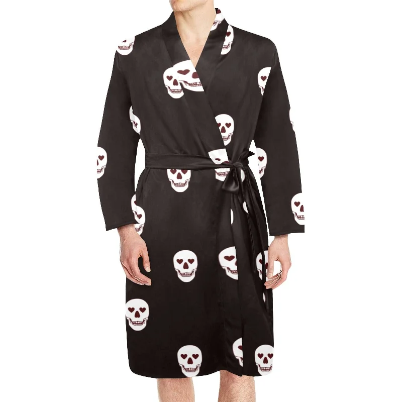 Black Skulls With Heart Eyes Men's Long Sleeve Belted Robe Unique Men's Patch