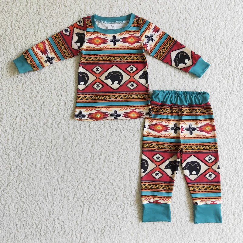 promotion BLP0100 Blue Bear Stripes Western Print Boys Long Sleeve Pants Outfits Pajamas Minimalist Men's Casual 