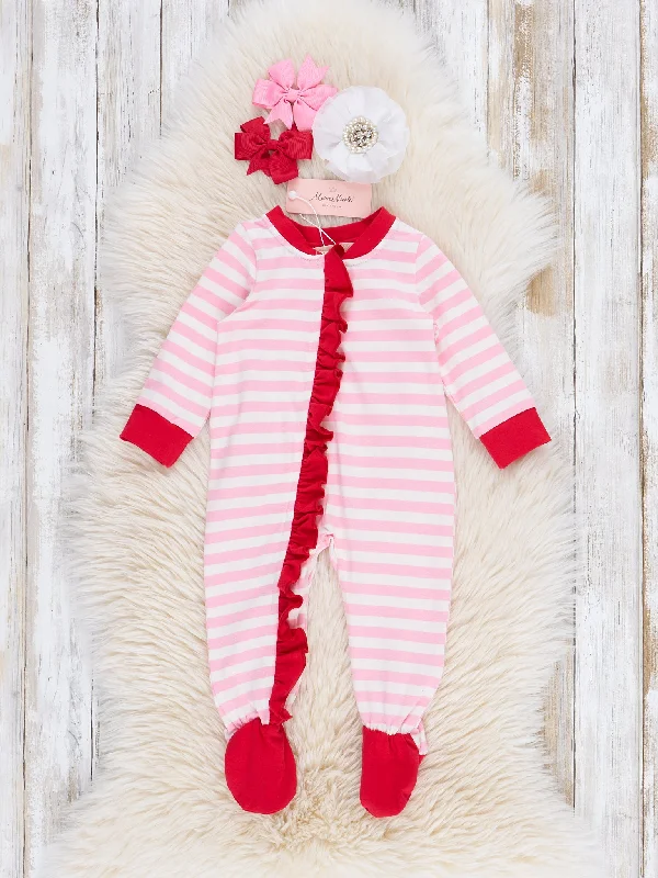 Pink Striped Embroidered Santa Cookies Footed Sleeper Pajamas Practical Men's Multi