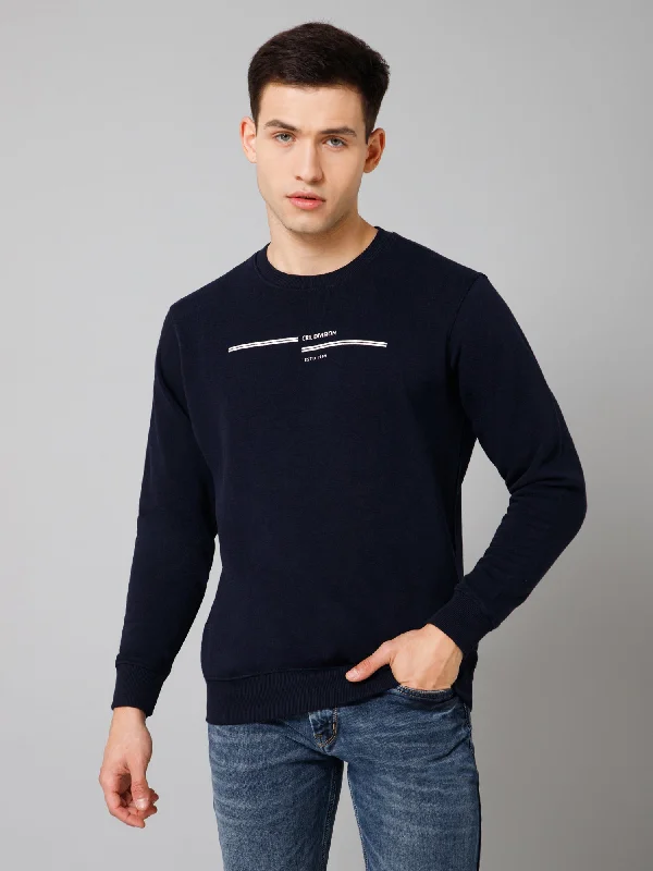 Solid Navy Blue Full Sleeves Round Neck Regular Fit Casual Sweatshirt For Men Hip Men's Urban