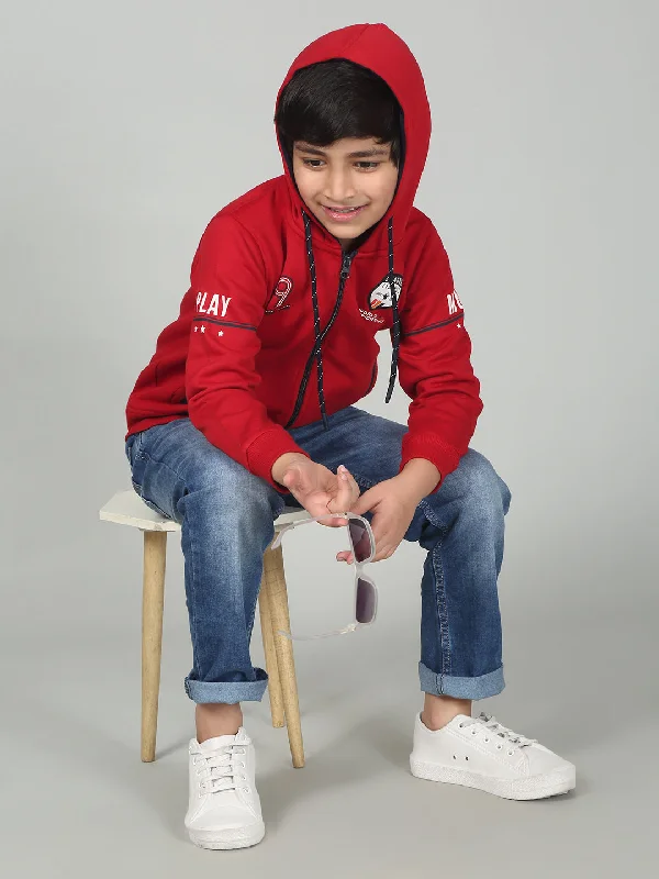 Boys Red Printed Hooded Neck Full Sleeves Casual Sweatshirt Refined Men's Classic 