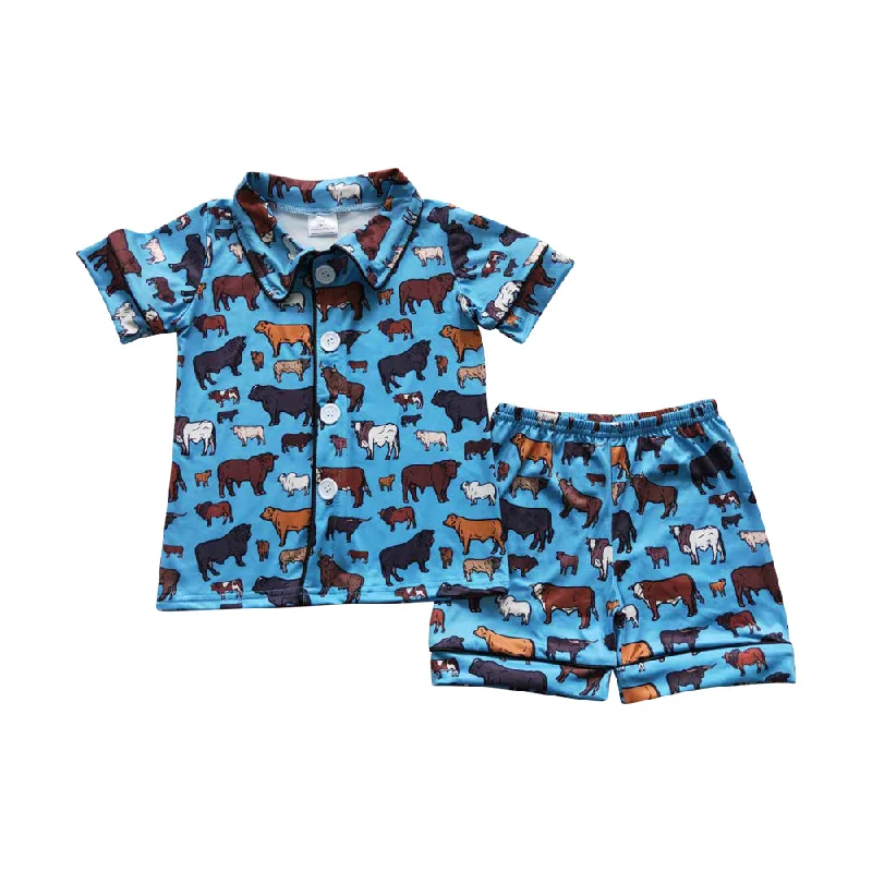 BSSO0276 Dark Blue Short sleeve top shorts outfit with Cartoon Cow Pattern Boy Boutique Pajamas  RTS 202412 Polished Men's Silk