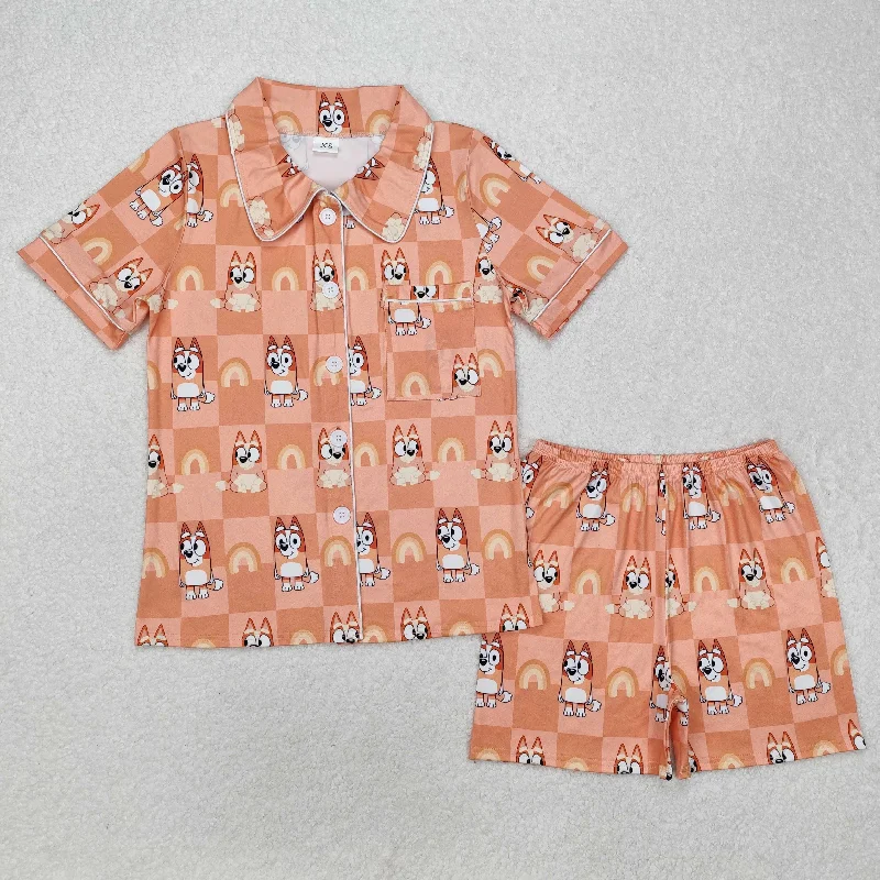 GSSO1804 Cartoon bluey Orange Button Short sleeve Top shorts pajamas set boutique Adult girls clothing sets summer outfit RTS 202501 Business