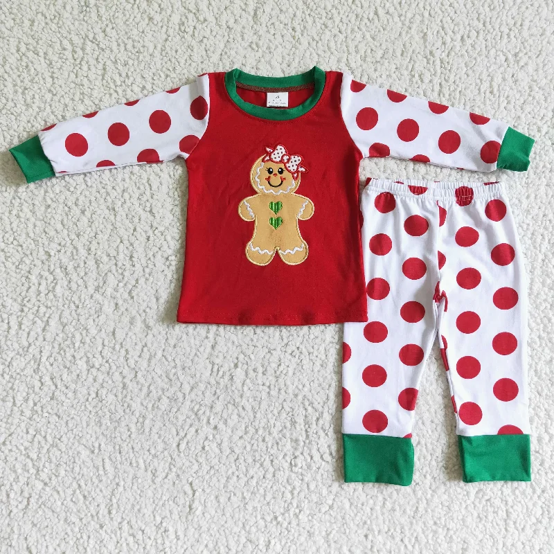 6 A12-20 Christmas Embroidery Gingerbread Red Girls Long Sleeve Pajamas Artistic Men's Hand