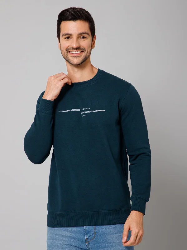 Solid Bottle Green Full Sleeves Round Neck Regular Fit Casual Sweatshirt for Men Refined Men's Velvet