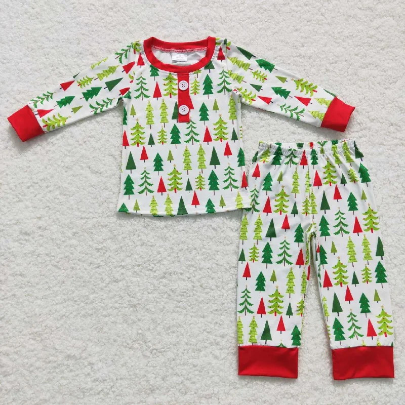 BLP0312  Christmas Red Green Tree Boys Long Sleeve Pants Outfits Pajamas Casual Men's Loose