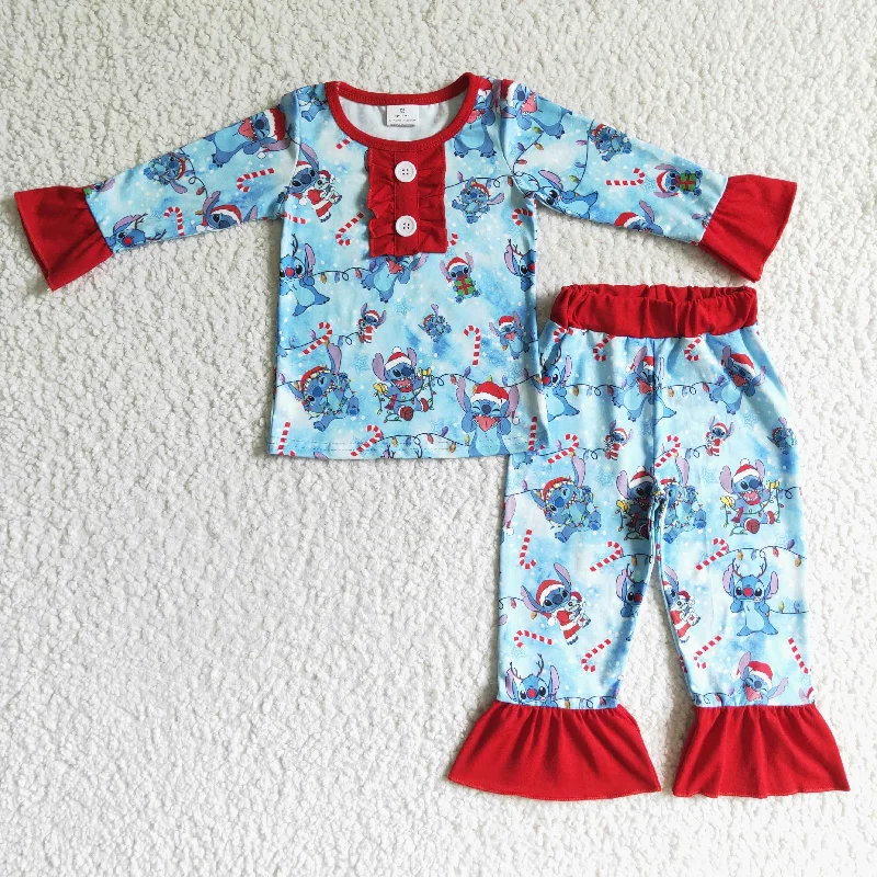 GLP0157 Christmas Blue Red Cartoon Girls Long Sleeve Pajamas Dynamic Men's Moto