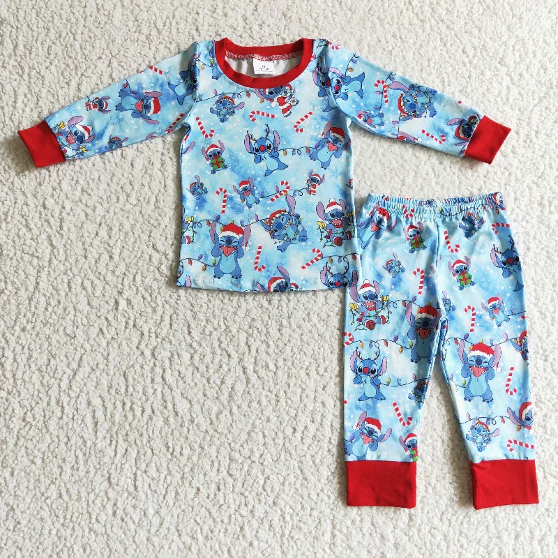 BLP0096 Christmas Red Blue Cartoon Boys Long Sleeve Pants Outfits Pajamas Trendy Men's Bucket