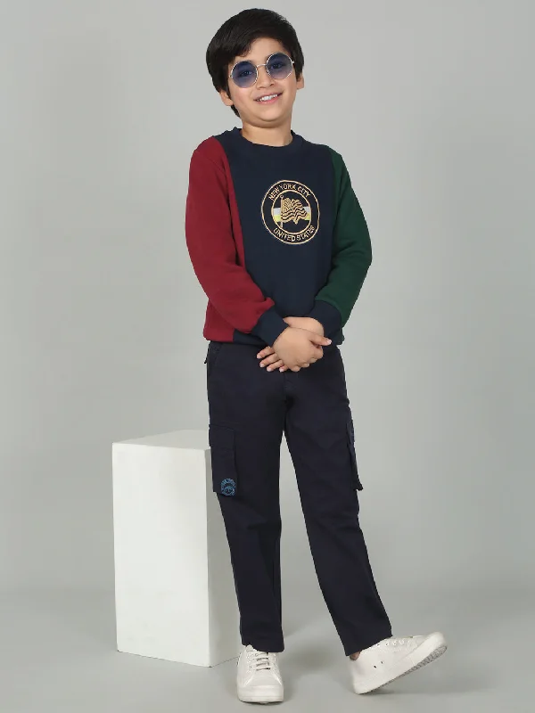 Boys Navy Blue Color Block Round Neck Full Sleeves Casual Sweatshirt Unique Men's Upcycled