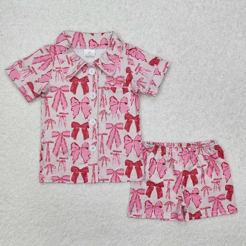 GSSO1718 Sweet girl clothes pink bow button short sleeve top shorts pajamas Girls Boutique outfits 202501 RTS British Gentleman Style