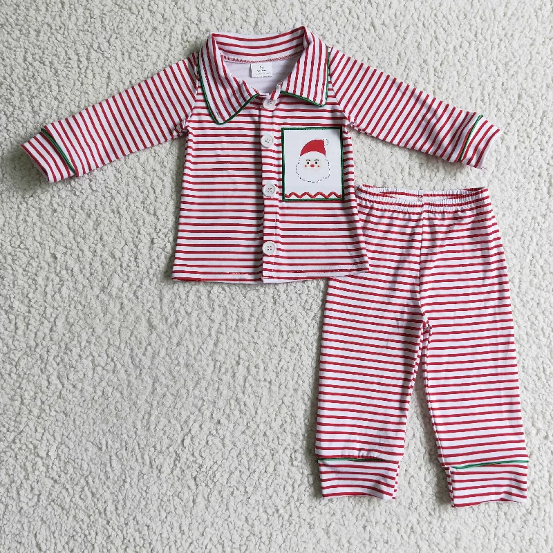 6 A2-20 Christmas Red Stripes Santa Embroidery Collar Boys Long Sleeve Pajamas Polished Men's Satin