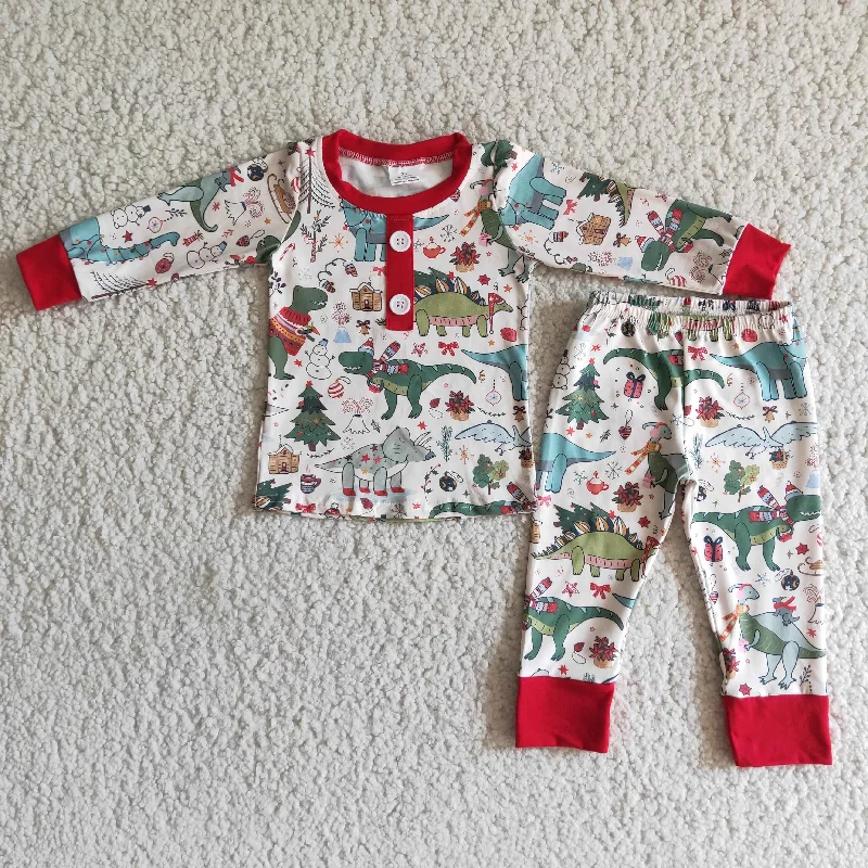 Clearance 6 A3-27 Christmas Dinosaur Red Green Boys Long Sleeve Pants Outfits Pajamas Monochromatic Office Style