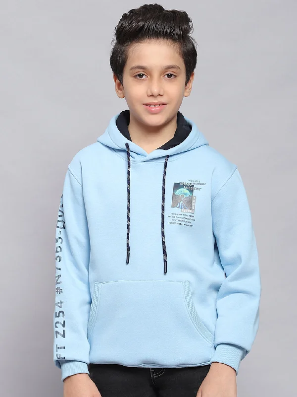 Boys Blue Printed Hooded Full Sleeve Sweatshirt Unique Men's Patch