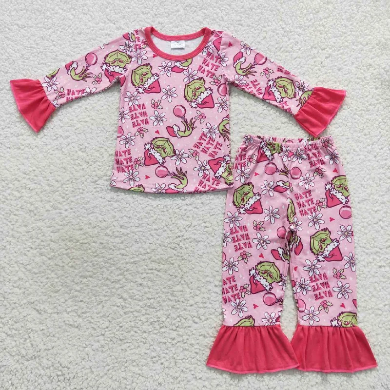 GLP0656 Christmas Pink Green Cartoon Hate Girls Long Sleeve Pants Outfits Pajamas Sleek Men's Metallic