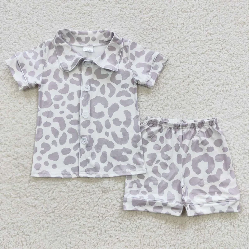 BSSO0272 White Grey Leopard print Baby Boy Clothes short sleeve top shorts pajamas boutique outfit  202501 Street