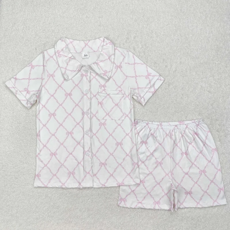 GSSO1708 Adult women's Pink Bow button short sleeve pants pajamas set with pocket  RTS 202412 Relaxed Men's Australian 