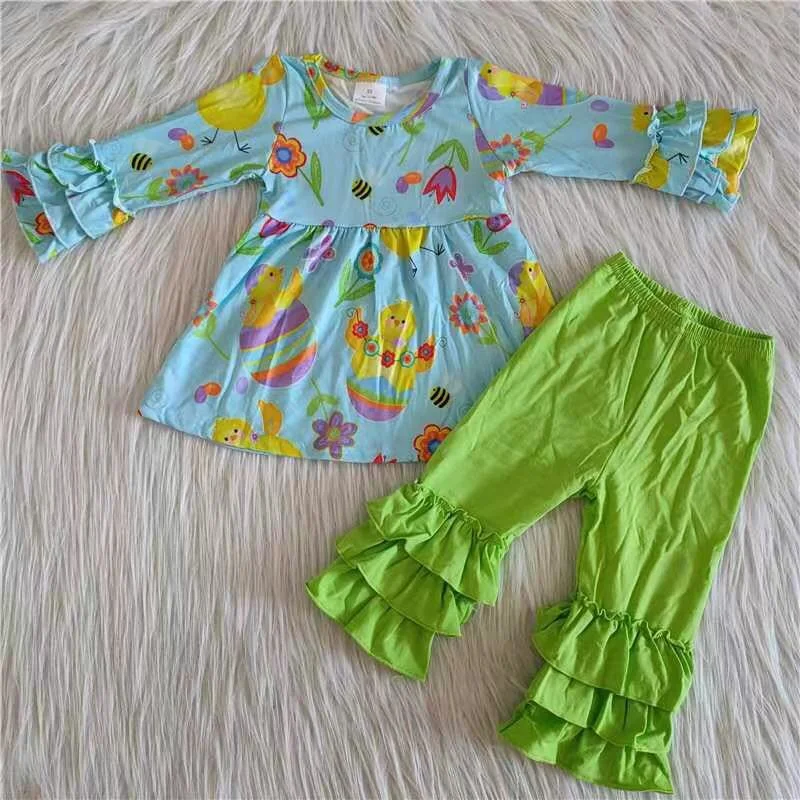 promotion RTS 6 A16-11 Light Blue Ruffle Green Long Sleeve Pajamas cartoon pattern Classic Men's Pin