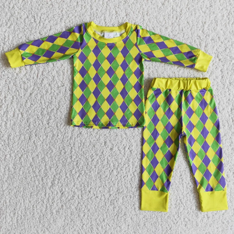 6 A27-30  Mardi Gras outfit Yellow Purple long sleeve top pants pajamas Boys Boutique outfits 202501 Dynamic Men's Moto