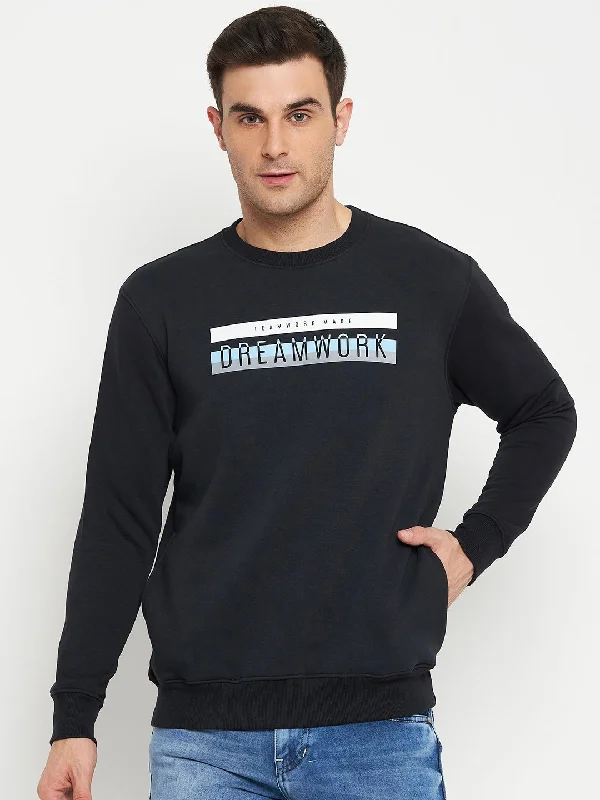 Typography Printed Navy Blue Full Sleeves Round Neck Regular Fit Casual Sweatshirt for Men Sleek Men's Contemporary 