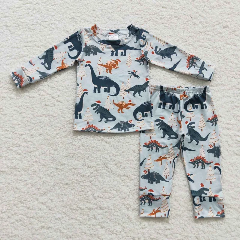 BLP0193 Green Dinosaur Cartoon Boys Long Sleeve Pants Outfits Pajamas Classic Men's Pin