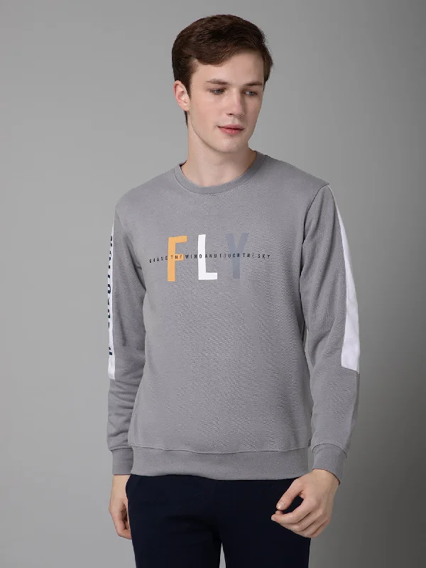 Printed Grey Full Sleeves Rounded Neck Regular Fit Casual Sweatshirt for Men Cool Men's Distressed