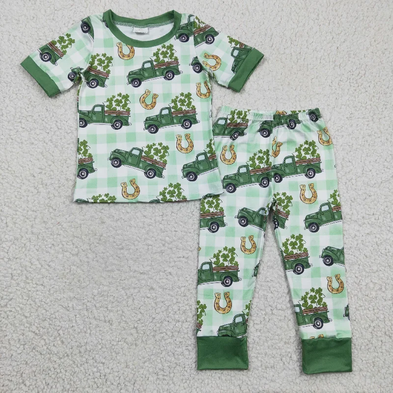 promotion RTS BSPO0043 St. Patrick Clover Green Car Truck Boys Short Sleeve Pants Outfits Pajamas Stylish Men's Tropical 