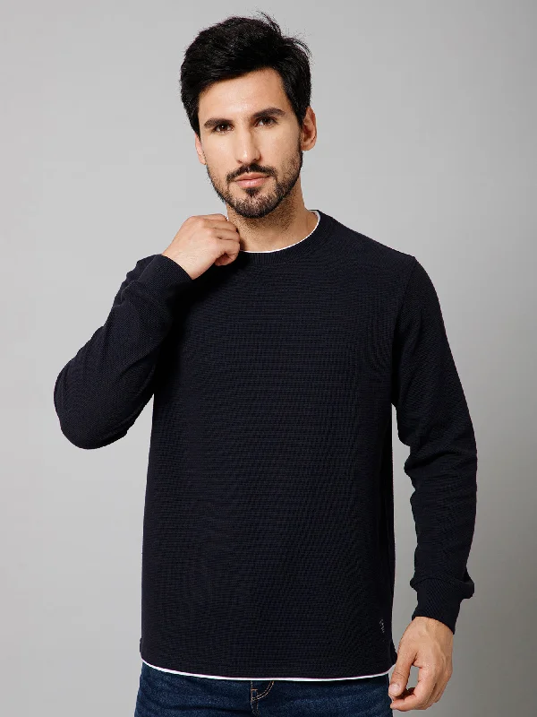 Solid Navy Blue Full Sleeves Round Neck Regular Fit Casual Sweatshirt For Men Modern Men's Geometric