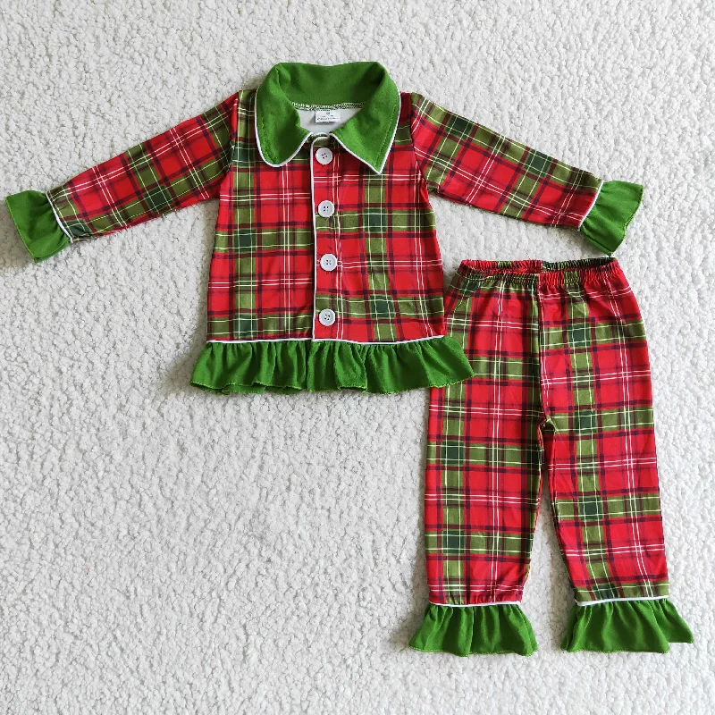 GLP0138 Christmas Green Red Plaid Print Pockets Collar Girls Long Sleeve Pajamas Elegant Men's Formal 