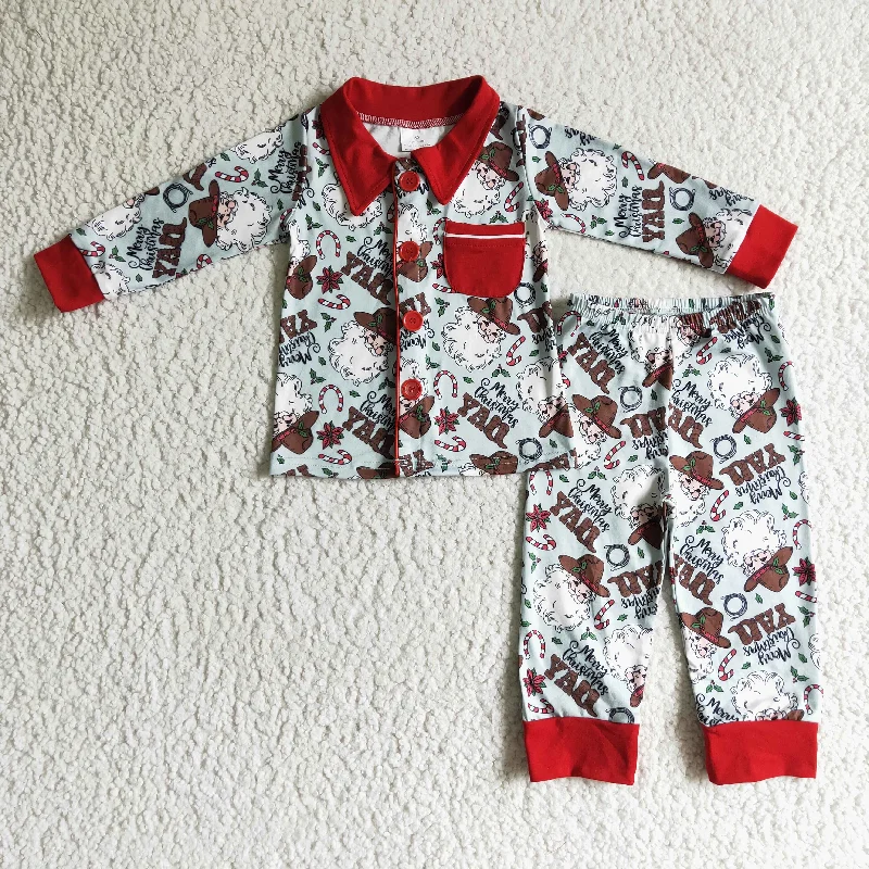 BLP0079 Merry Christmas Red Santa Yall Cowboy Pockets Collar Boys Long Sleeve Pajamas Casual Men's Short