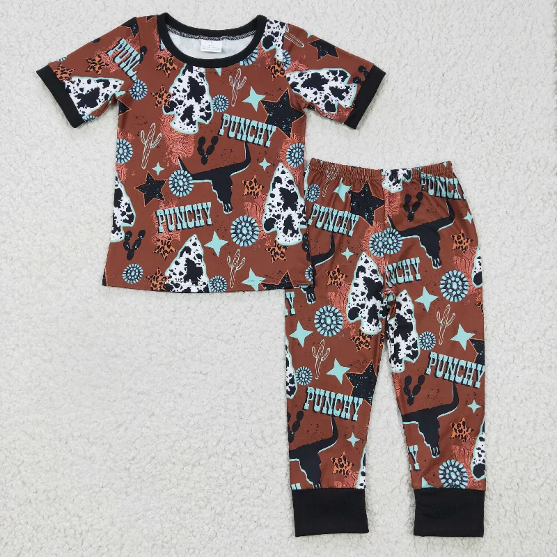 promotion BSPO0051 Brown Punchy Highland Cow Western Boys Short Sleeve Pants Outfits Pajamas Gym