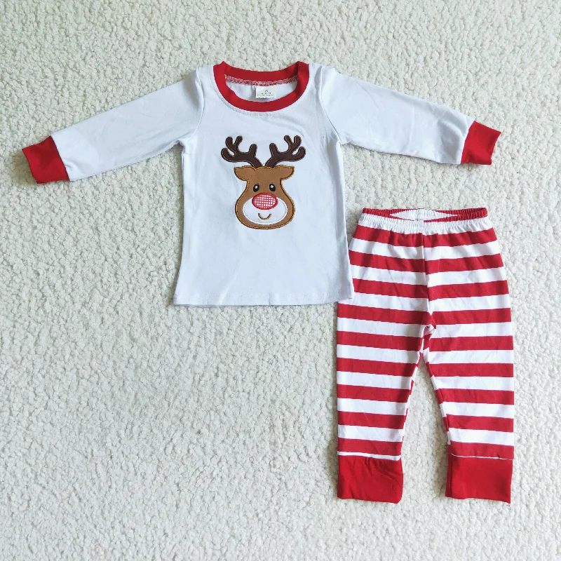 6 A18-28 Christmas Red Deer Striped Embroidery Print Girls Long Sleeve Pajamas Sporty Men's Tennis