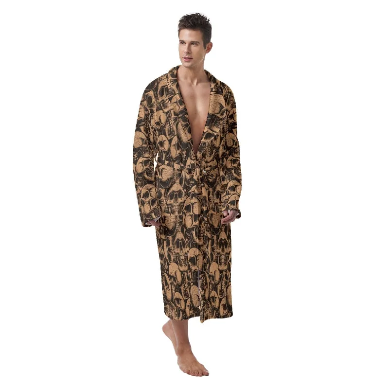 Men's Brown Skulls Heavy Fleece Robe Monochromatic Office Style