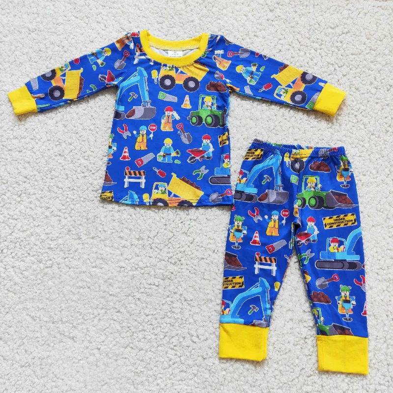 6 B13-7 Blue Yellow Cartoon Truck Boys Long Sleeve Pajamas Masculine Men's Thick