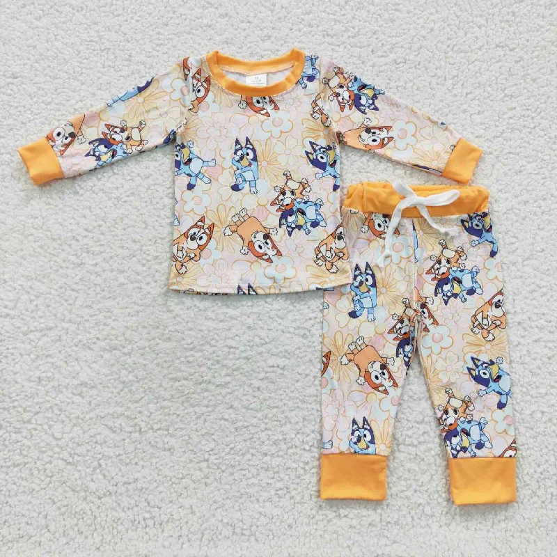 GLP0467 Yellow Dog Cartoon Girls Long Sleeve Pants Outfits Pajamas Earthy Men's Hemp