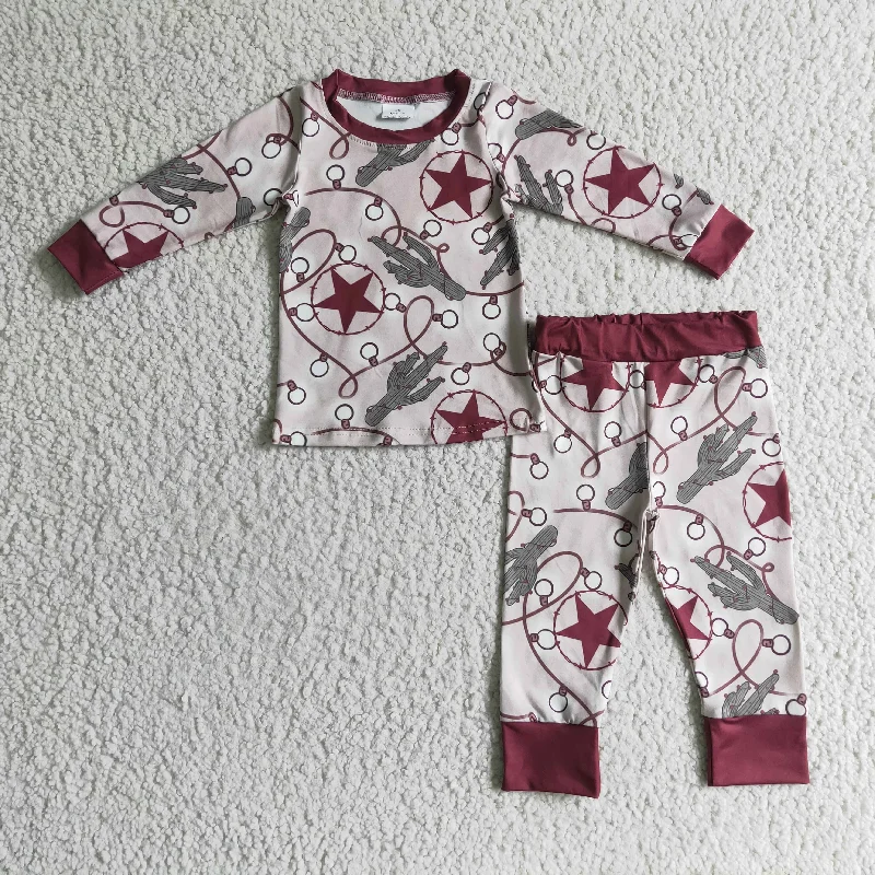 BLP0117 Red Starts Cactus Western Cowboy Boys Long Sleeve Pants Outfits Pajamas Traditional Men's Wool