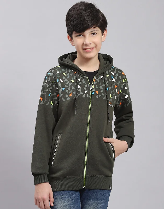 Boys Olive Printed Hooded Full Sleeve Sweatshirt Streetwear Style