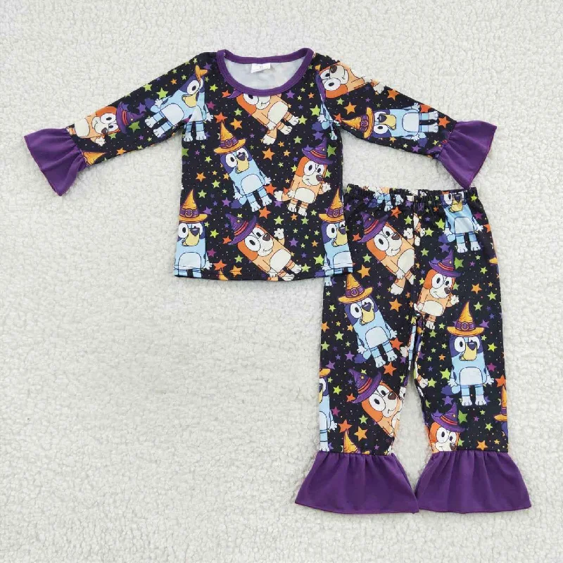 GLP0660 Halloween Purple Blue Dog Cartoon Girls Long Sleeve Pants Outfits Pajamas Refined Men's Hand