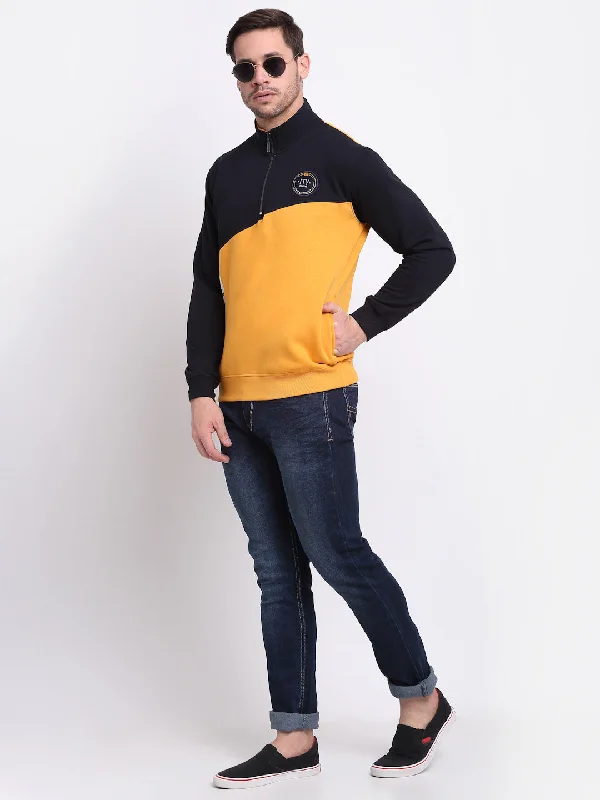 Men's Color Block Mustard High Neck Full Sleeve Casual Sweatshirt Bohemian Men's Free