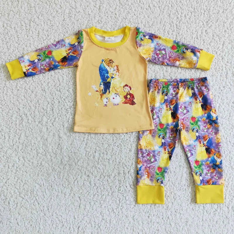 promotion RTS 6 B8-4 Yellow Princess Cartoon Print Girls Long Sleeve Pajamas Dapper Men's 1920S