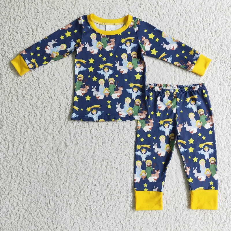 BLP0114 Christmas Blue Yellow Jesus Starts Boys Long Sleeve Pants Outfits Pajamas Sophisticated Men's 