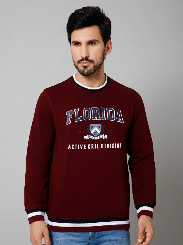 Printed Maroon Full Sleeves Round Neck Regular Fit Casual Sweatshirt For Men Sleek Men's Contemporary 