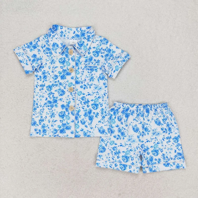 GSSO1120 Blue White Floral Button Short sleeve top shorts pajamas Girls boutique summer outfit 202501 Monochromatic All