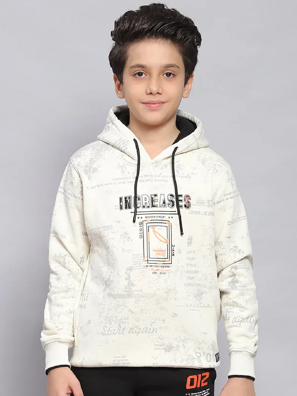 Boys White Printed Hooded Full Sleeve Sweatshirt Minimalist Men's Casual 