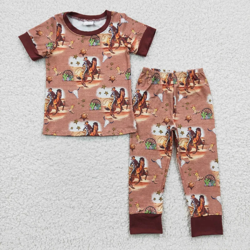 BSPO0061 Brown Rodeo Cowboy Cactus Western Boys Short Sleeve Pants Outfits Pajamas Streetwear Style